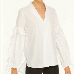Harshman Tunic Medium NWT White 100% Cotton Vivona Ruffled Sleeves‎ Notch Collar